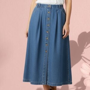 Classic Blue Button-Front Denim Midi Skirt